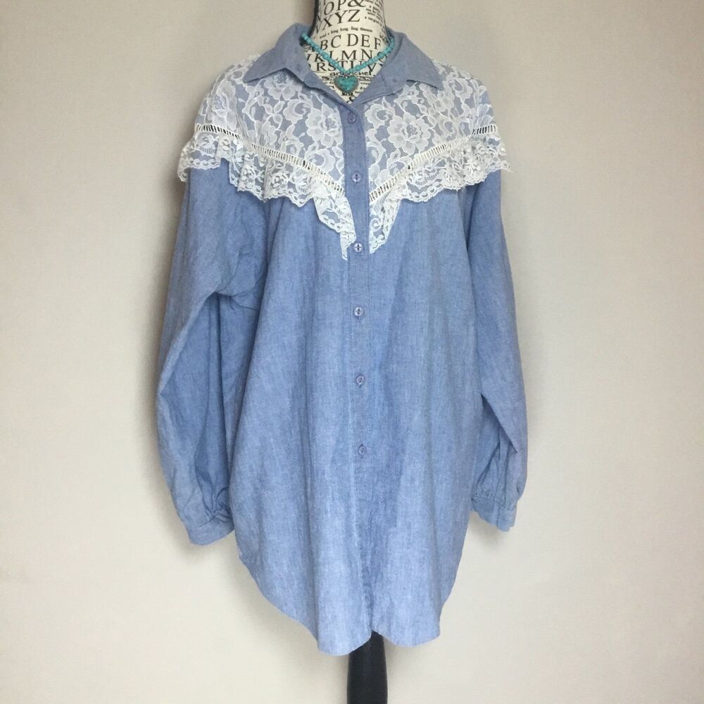 Country & western blue shirt button down lace shoulder line dancing Cowgirl XL